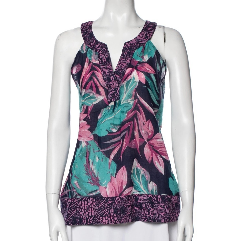 Christian Siriano Navy Floral Tank Top with Pink and Teal Leaves